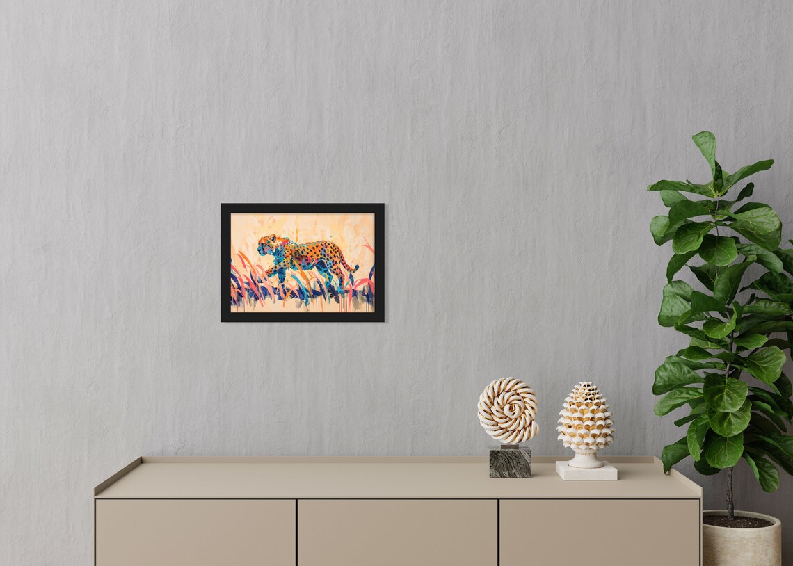 Colorful Cheetah Strolling Through Tall Grass Acrylic Brushwork Art Poster - Image 5
