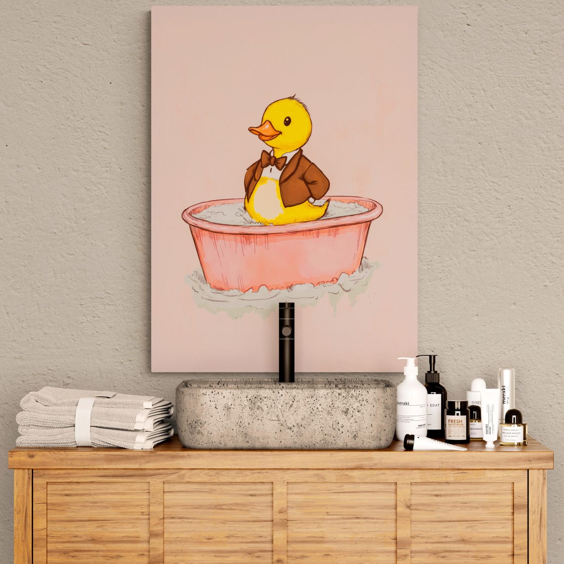 Duck In Tuxedo Bow Tie Pink Bathtub Funny Bathroom Animal Art Poster - Image 3
