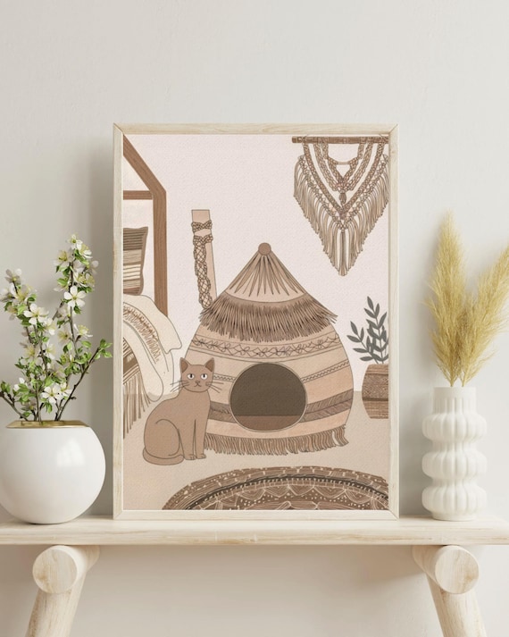 Boho Cat Playground Woven Cat House Macrame Minimalist Kitty Poster