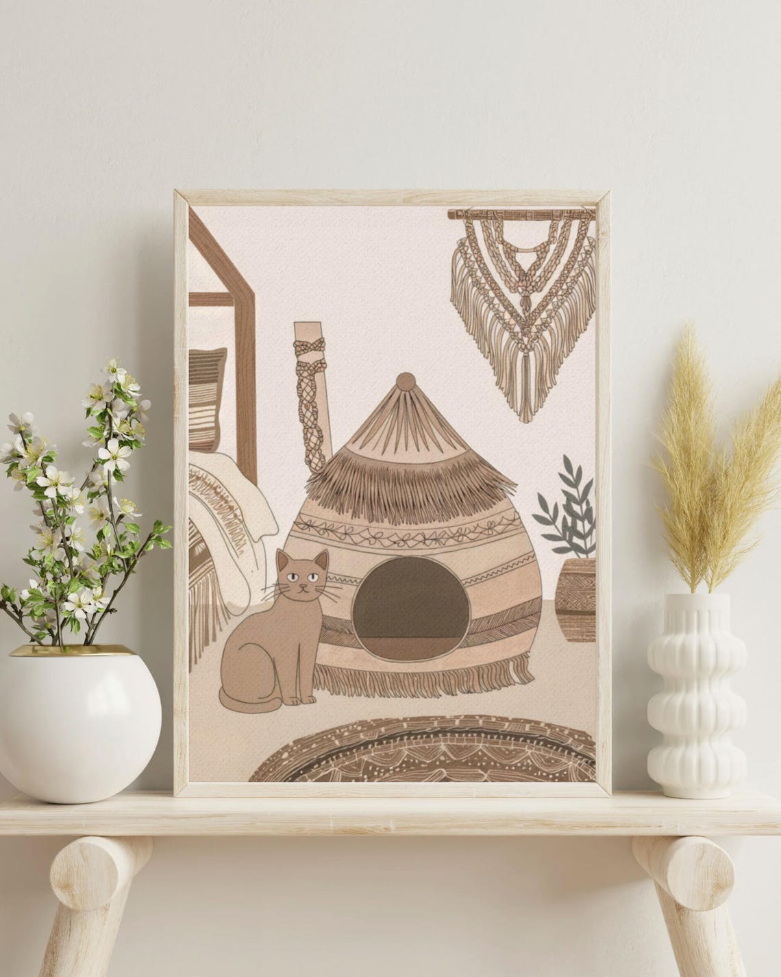 Boho Cat Playground Woven Cat House Macrame Minimalist Kitty Poster
