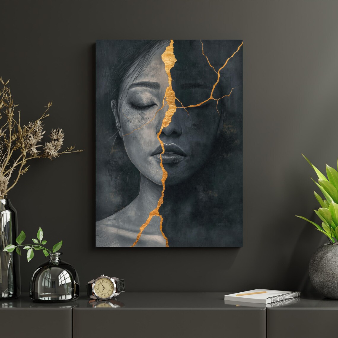 Kintsugi Woman Portrait, Black And Gold Art Print - Image 2