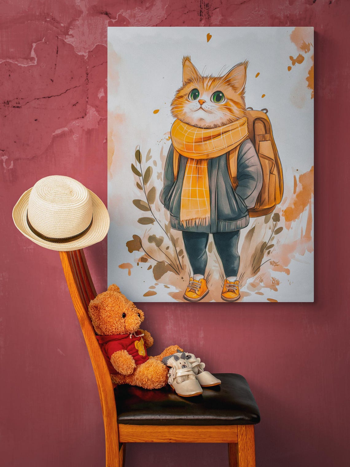 Orange Tabby Cat Backpack School Day Autumn Watercolor Kitten Poster - Image 4