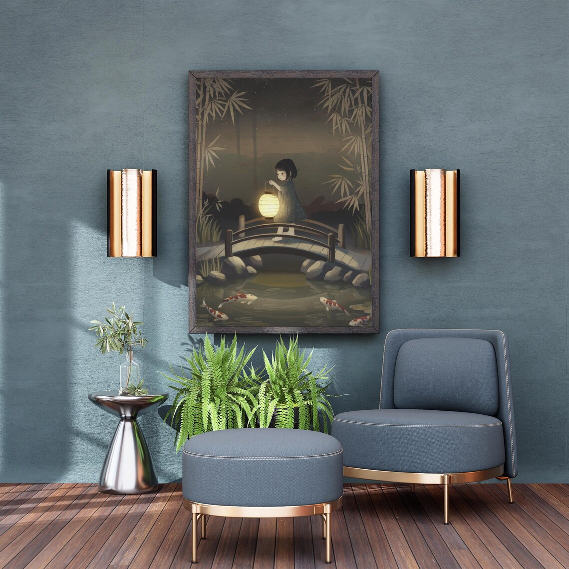Koi Pond and Lantern Watercolor Art Print, Retro Japanese - Image 4