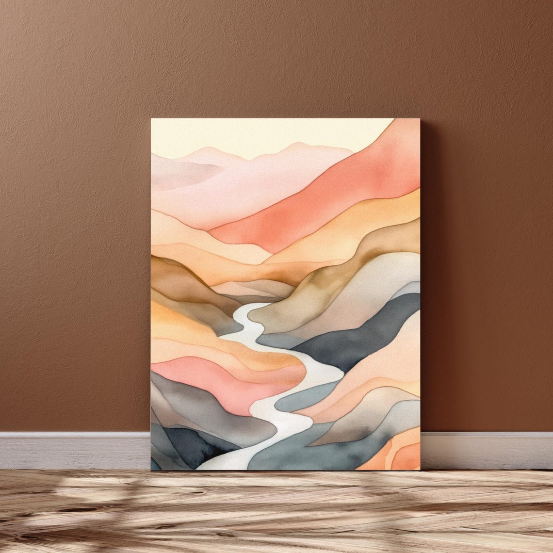 Muted Watercolor Mountain River Valley Earthy Tones Boho Wall Poster - Image 4