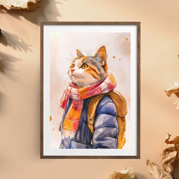Adorable Tabby Cat in Puffer Jacket and Scarf Watercolor Animal Art Poster