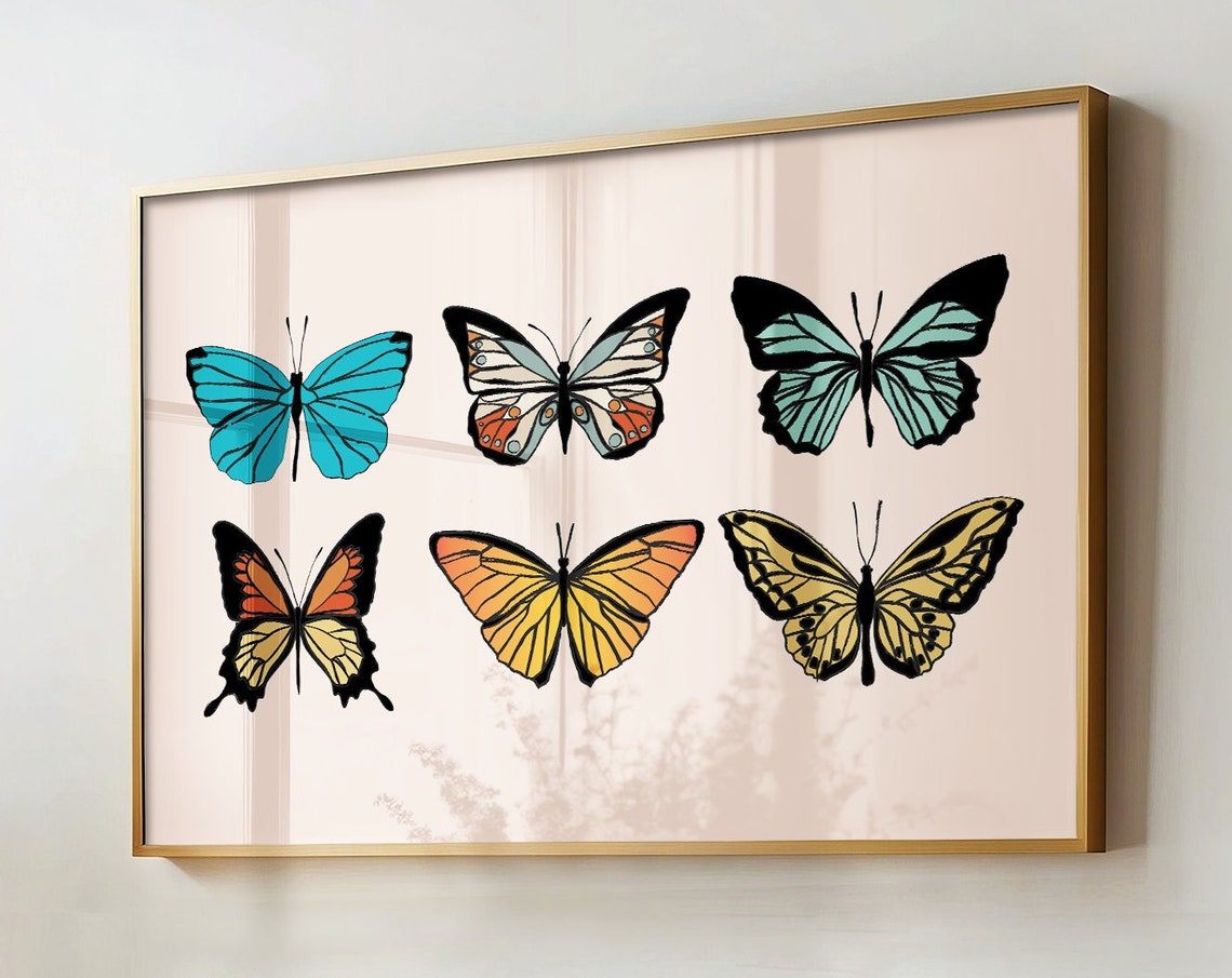 Colorful Six Butterfly Collection Blush Background Boho Art Poster
