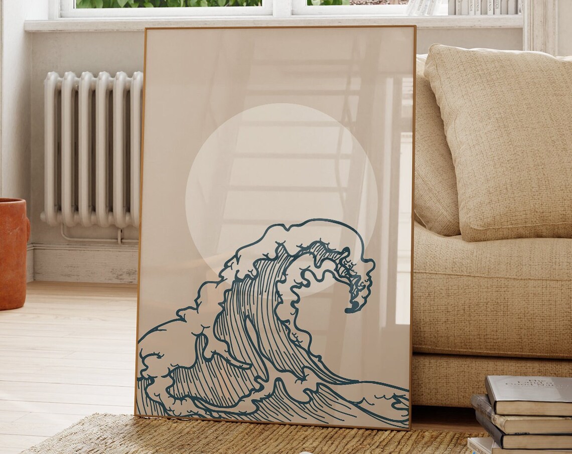Great Wave Line Art Minimalist Ocean Blue Boho Wall Art Poster
