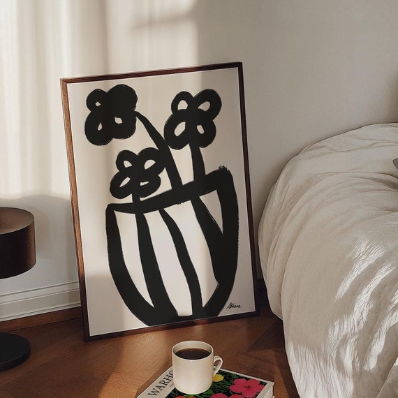 Abstract Flowers In Black And White Hand Drawn Posters Decor Mid Century Simple Minimalist Prints Kitchen Wall Art Bar