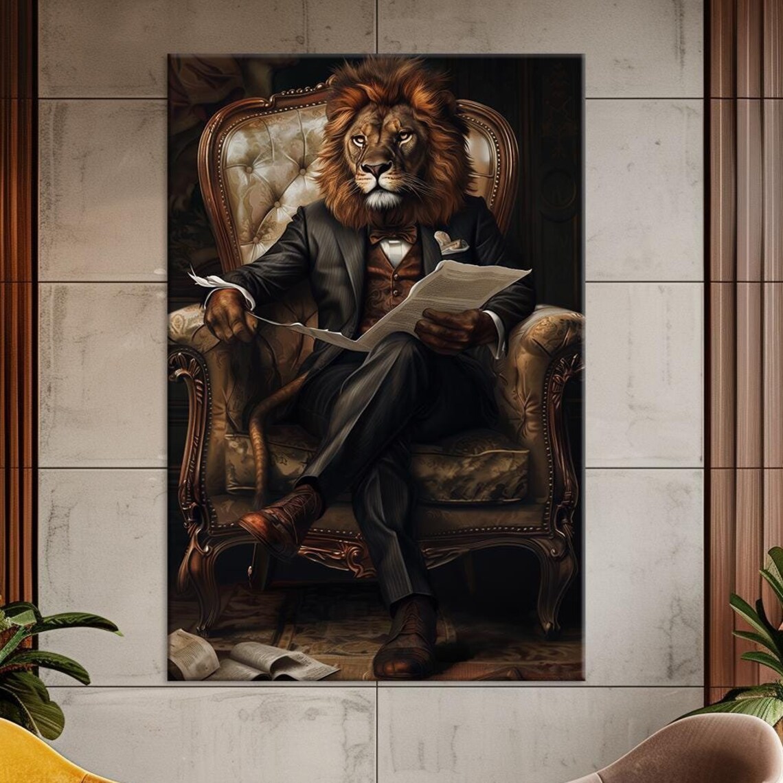 Gentleman Lion In Suit Reading Newspaper Armchair Office Wall Art Print
