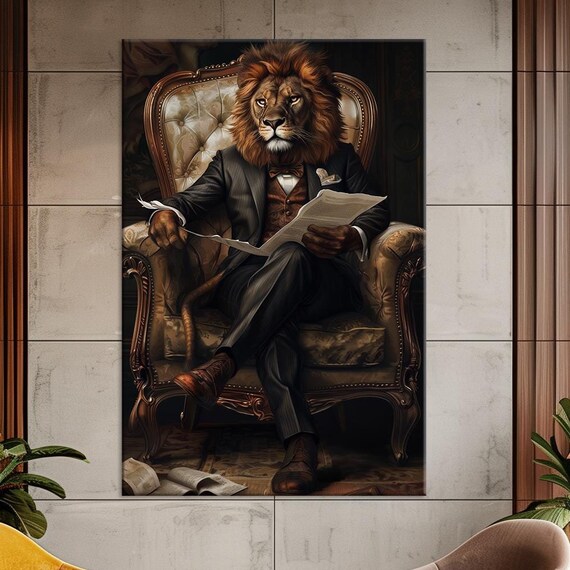 Gentleman Lion In Suit Reading Newspaper Armchair Office Wall Art Print
