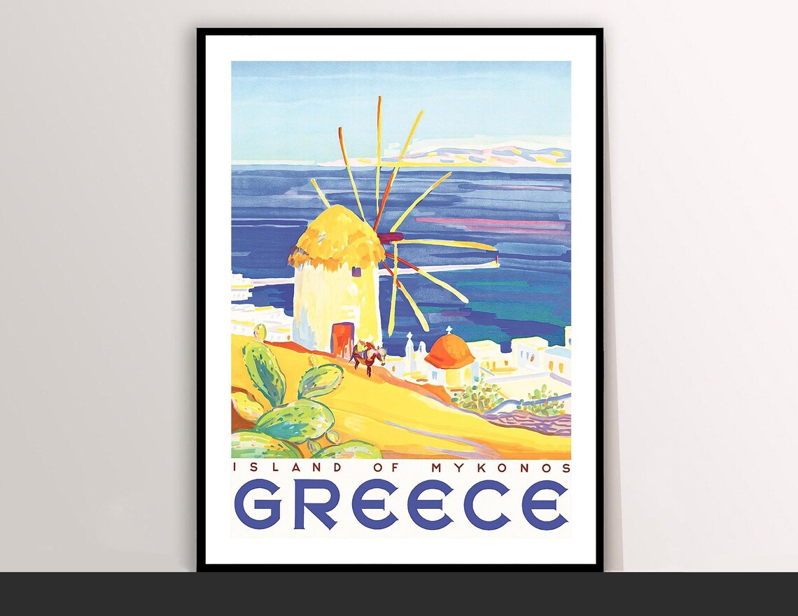 Mykonos Island Greece Windmill Aegean Vintage Travel Poster Art