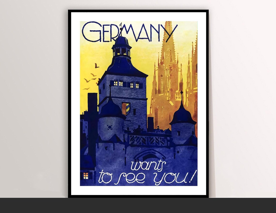 Germany Wants to See You Cathedral Old Town Vintage Travel Poster