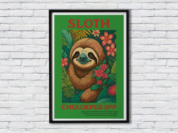 Lazy Sloth In Floral Paradise Playful Wildlife Wall Art For Home Office Living Room Poster Framed Artwork Premium Canvas Print