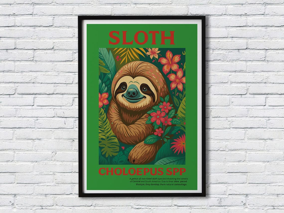 Sloth Choloepus Tropical Floral Green Natural History Style Poster