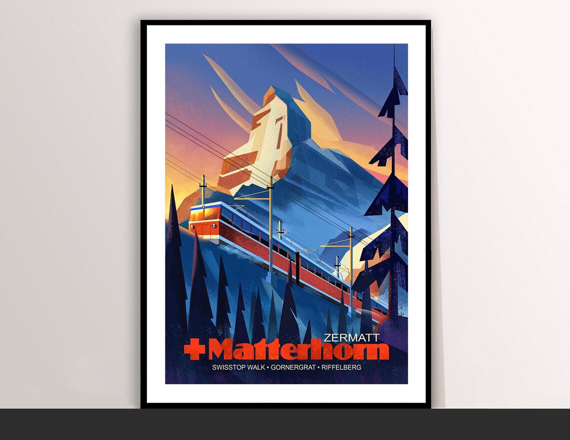 Zermatt Matterhorn Modern Alpine Travel Poster Sunset Train Art
