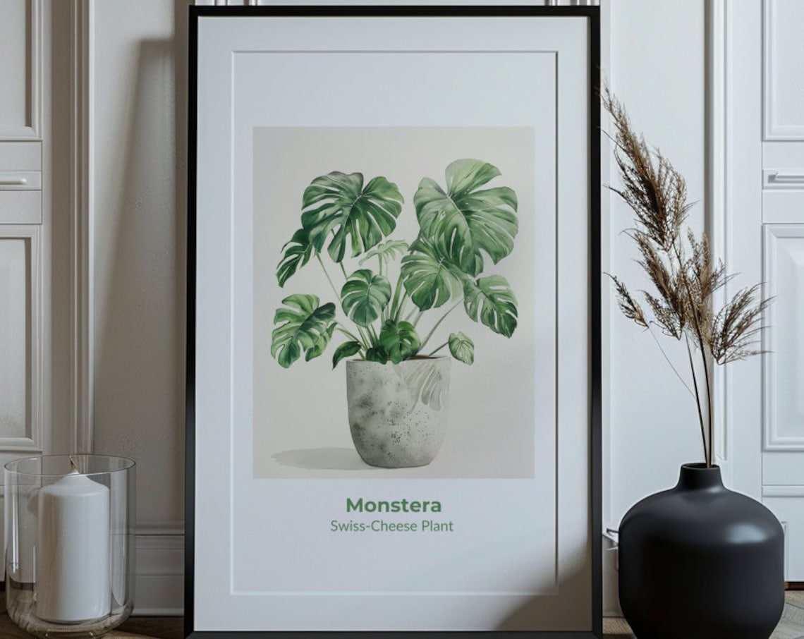Monstera Swiss Cheese Plant Potted Watercolor Botanical Art Poster