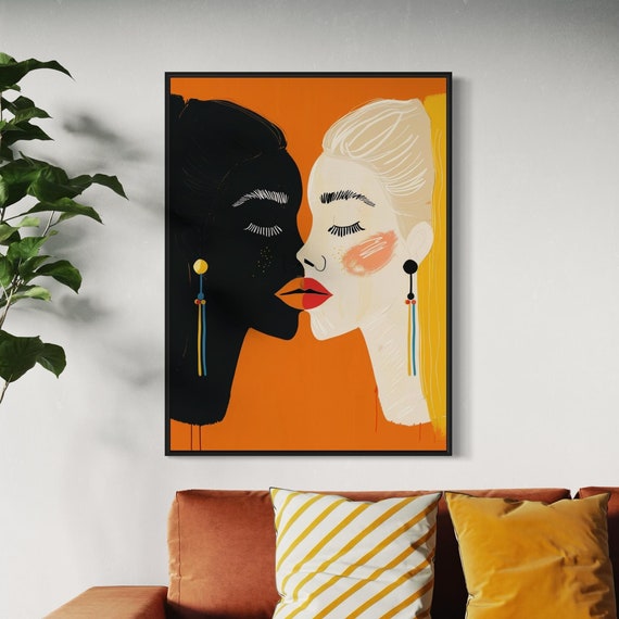 Abstract Modern Art Print Two Women Portrait Black And White Female Silhouettes Minimalist Wall Decor Bold Orange Art