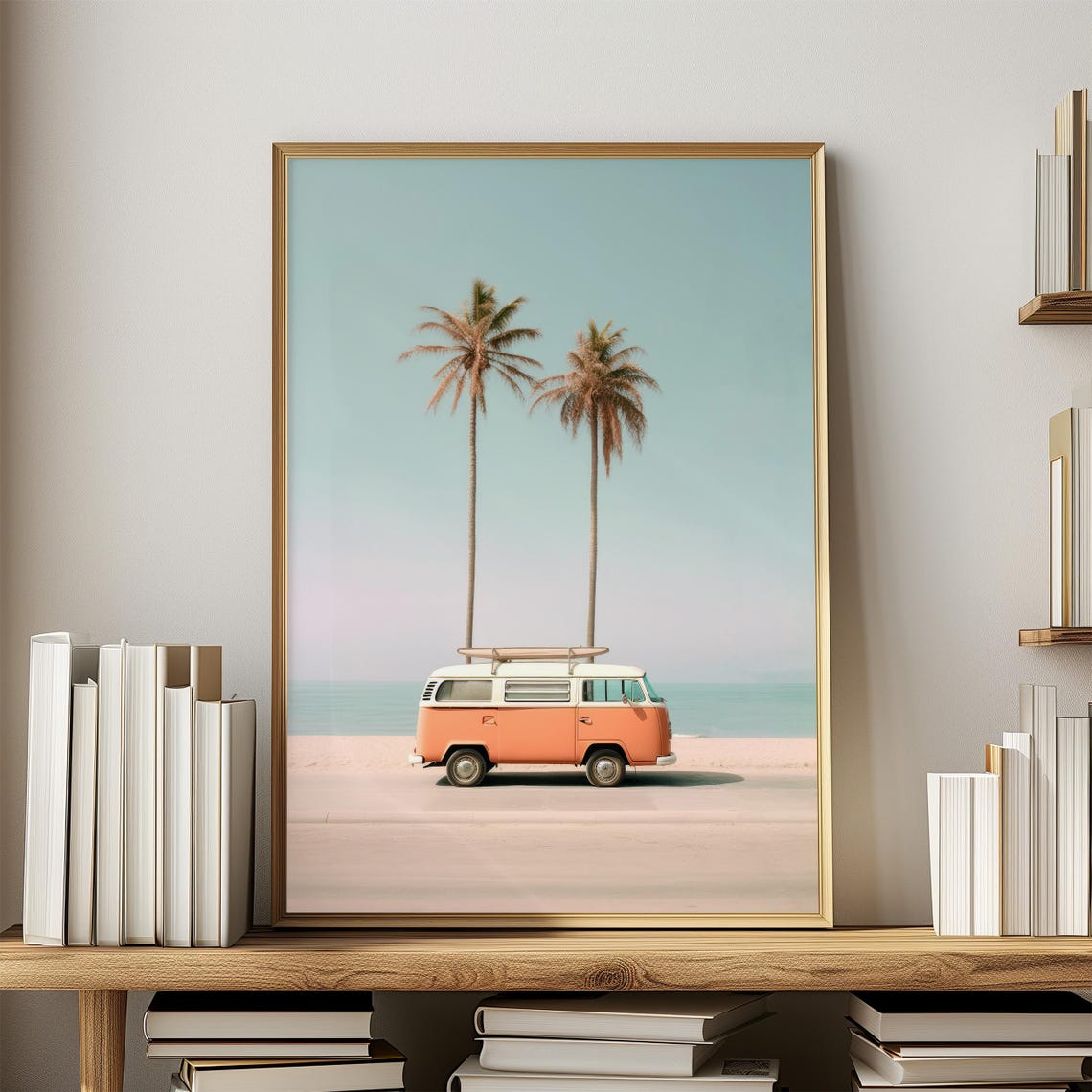 Coral VW Camper Van With Surfboard Beach Road Trip Wall Poster