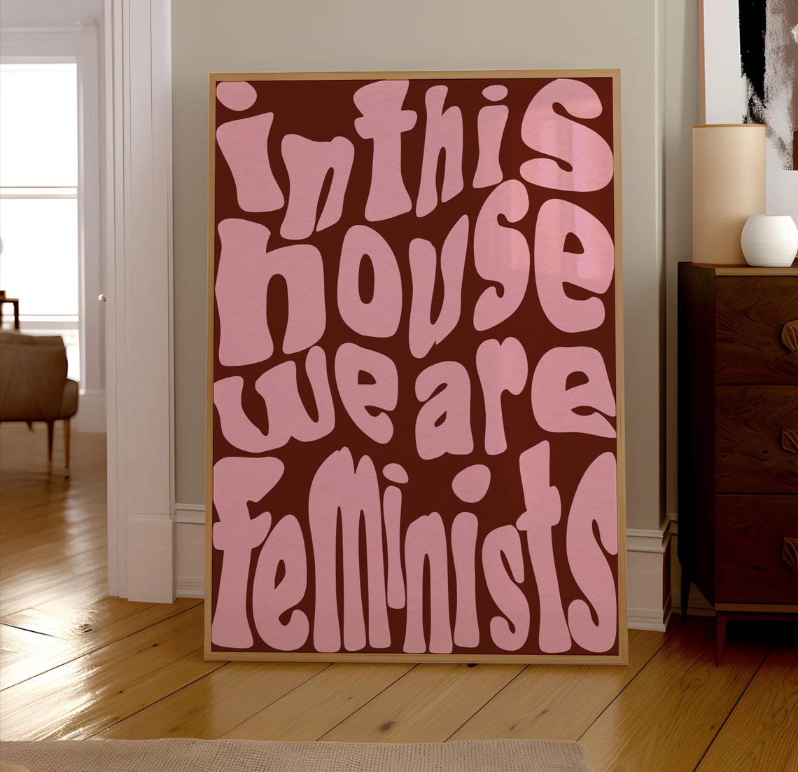 In This House We Are Feminists Pink Brown Groovy Retro Poster - Image 3