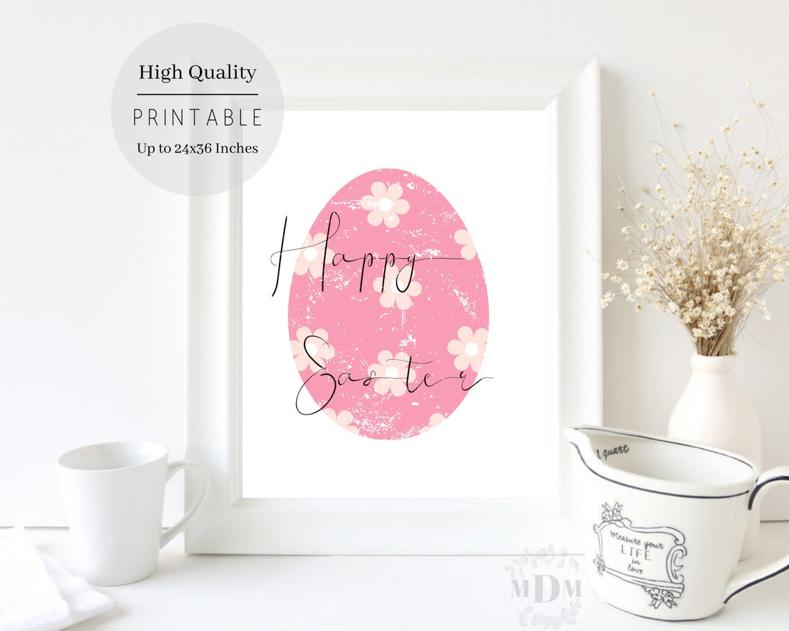 Happy Easter Pink Floral Egg Script Rustic Framed Holiday Wall Poster - Image 4