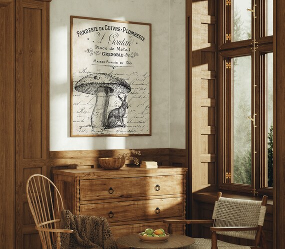 Vintage French Mushroom Rabbit Engraving Grenoble Antique Easter Art Poster