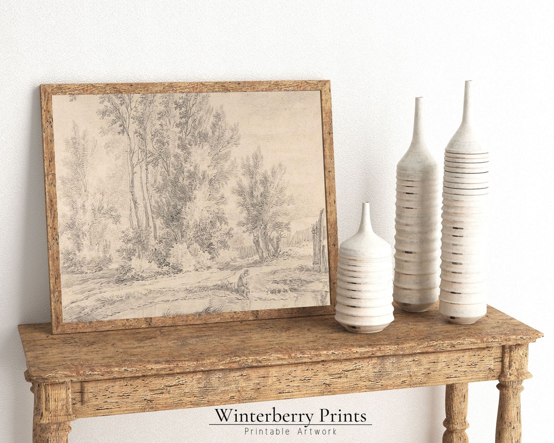 Antique Pencil Sketch Woodland Pond Trees Peaceful Landscape Wall Art - Image 4