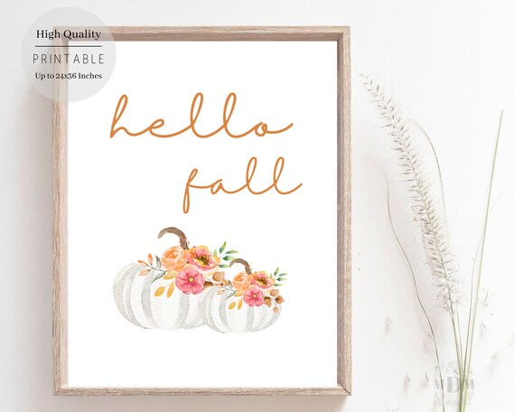 Hello Fall Orange Script White Floral Pumpkin Watercolor Poster