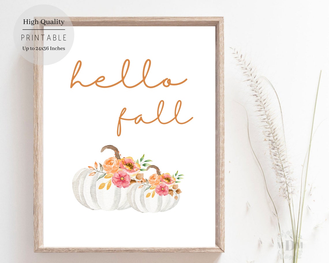 Hello Fall Orange Script White Floral Pumpkin Watercolor Poster