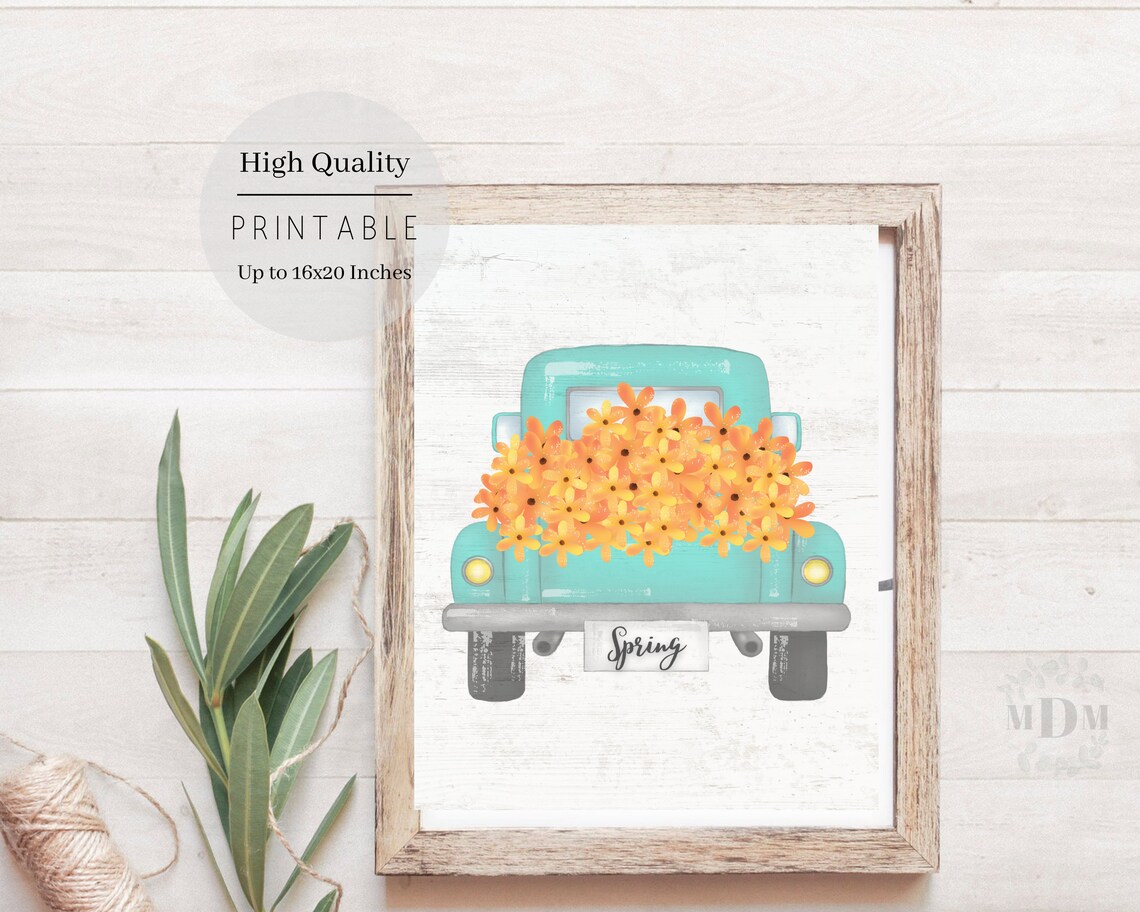 Teal Vintage Truck Loaded with Orange Daisies Spring Farmhouse Art Print - Image 2
