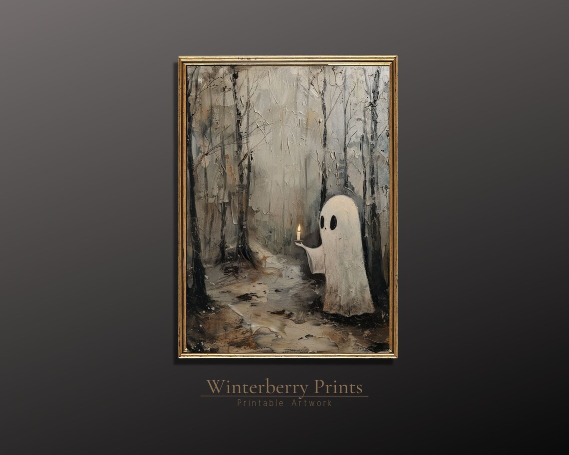 Cute Ghost Holding Candle Misty Gray Forest Halloween Oil Painting Art Print