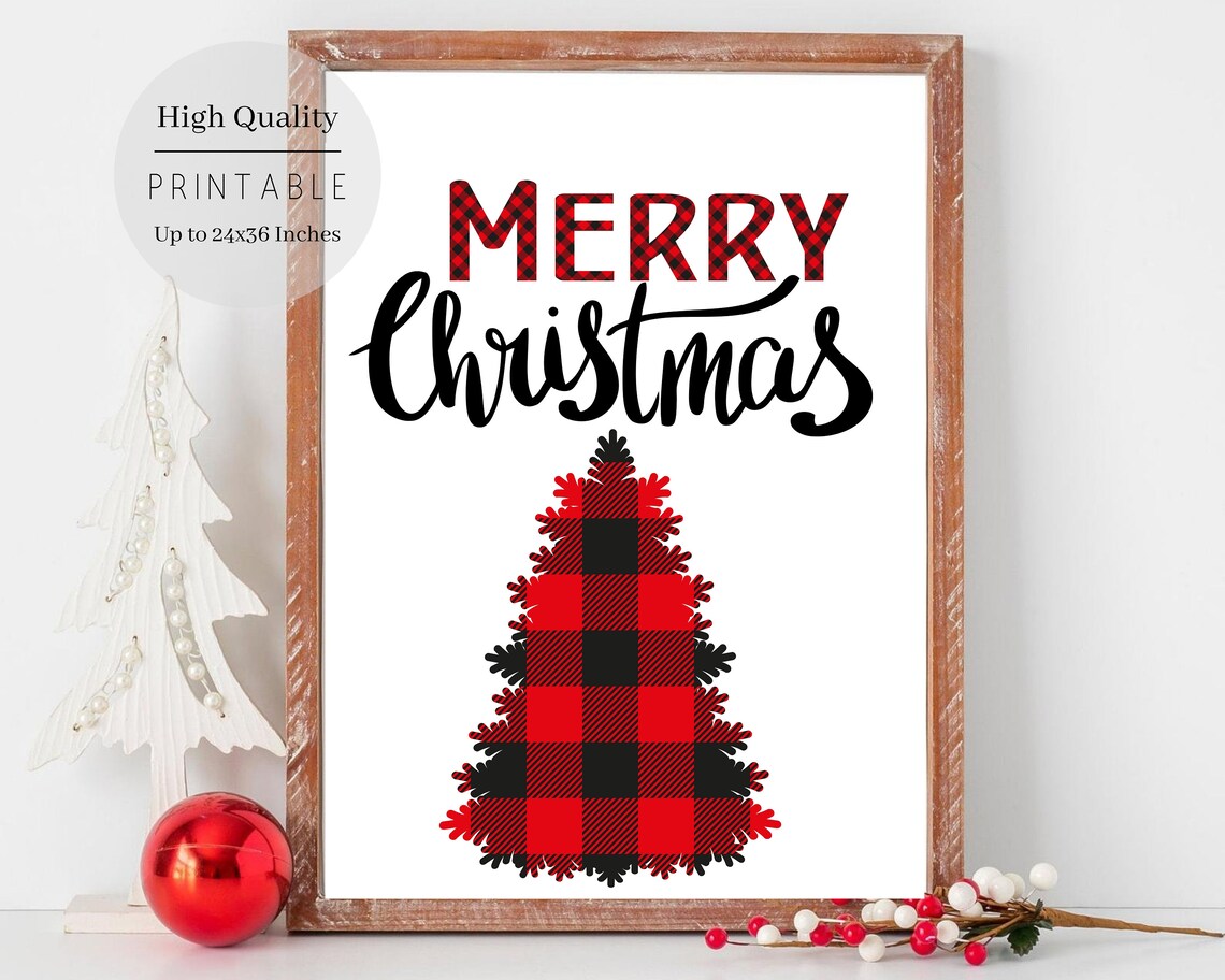 Merry Christmas Red Black Buffalo Plaid Feathery Tree Greeting Poster - Image 2