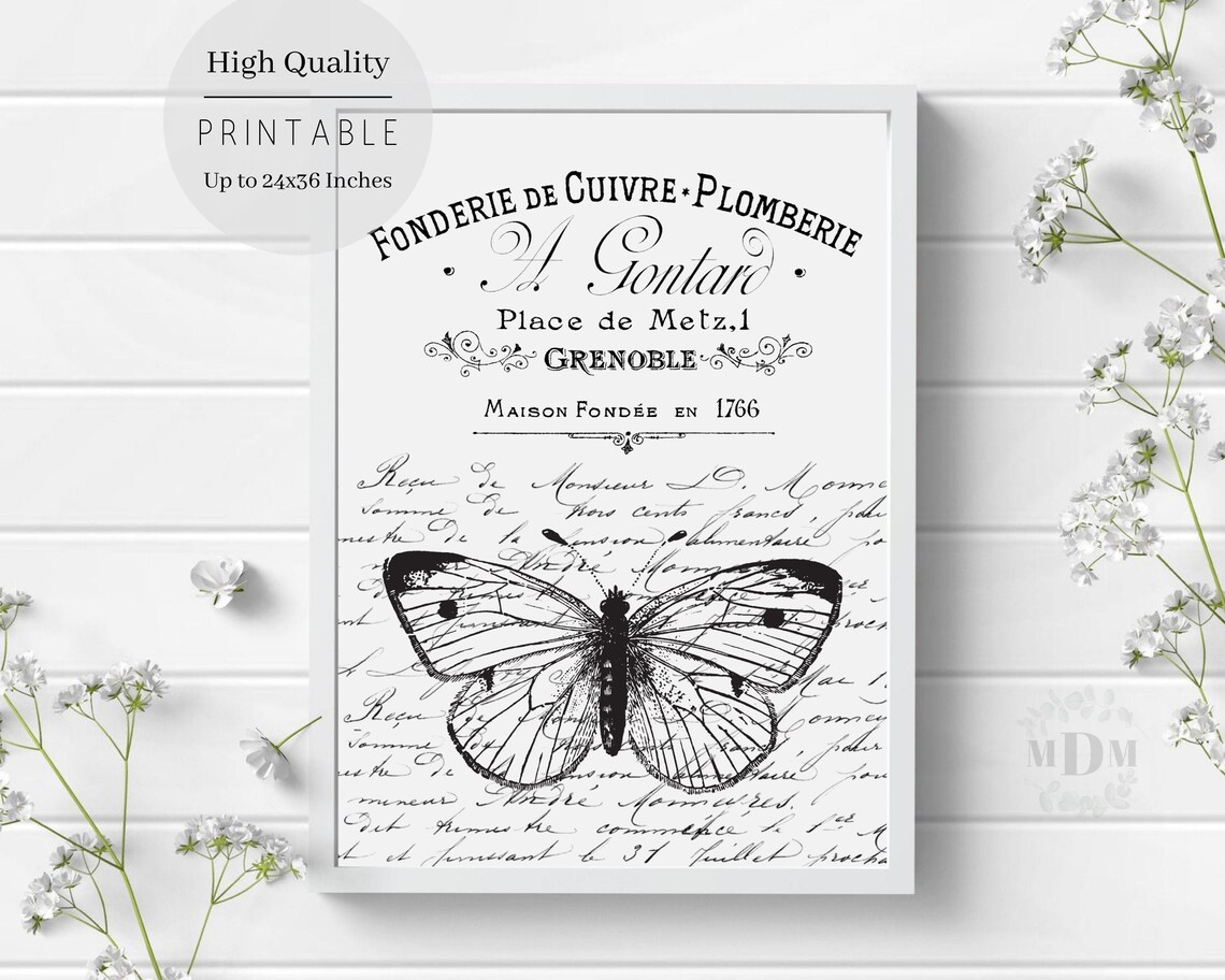 Black White Butterfly French Script Typography Vintage Grenoble Art Poster