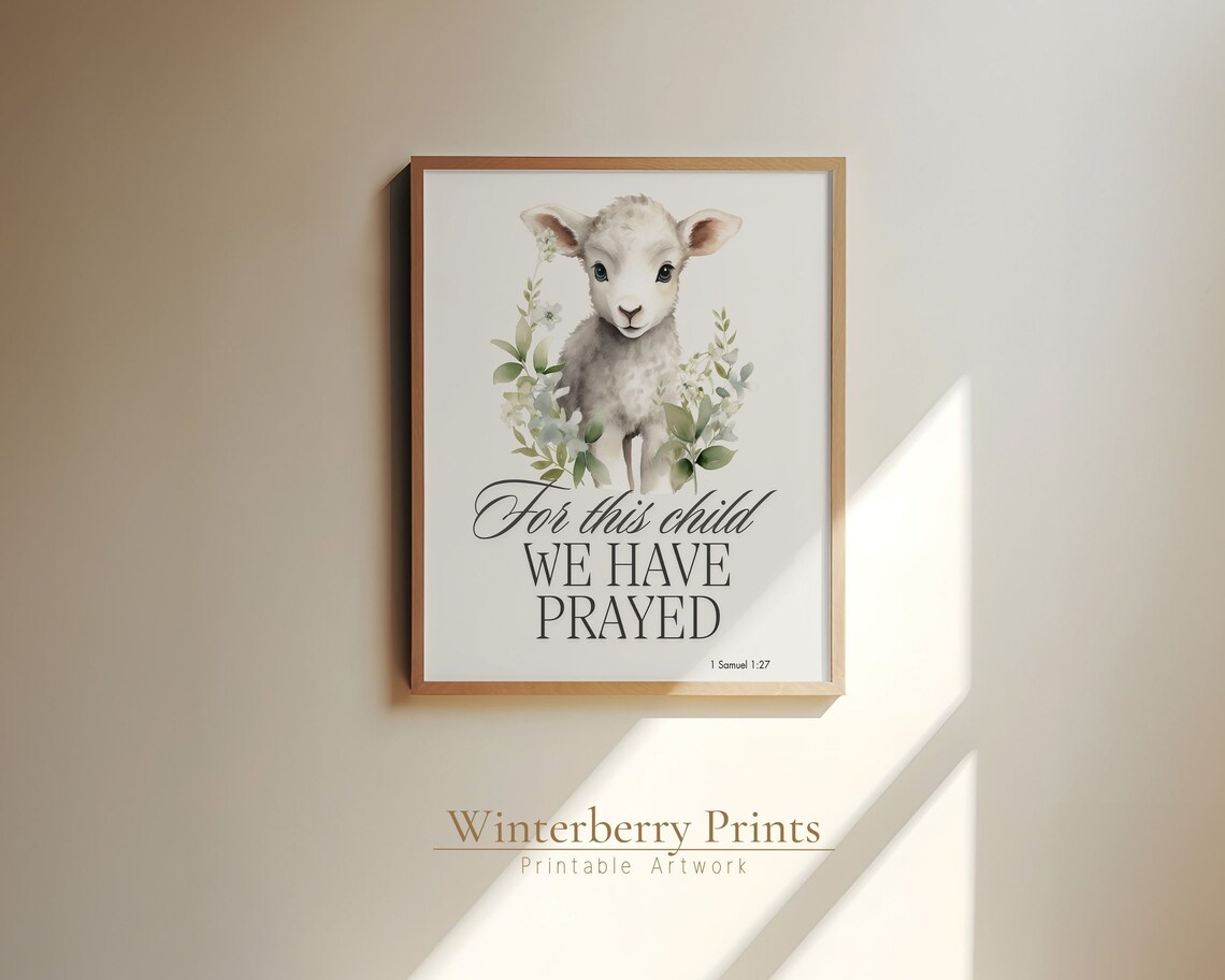 For This Child We Have Prayed Lamb Watercolor Nursery Bible Verse Art Print