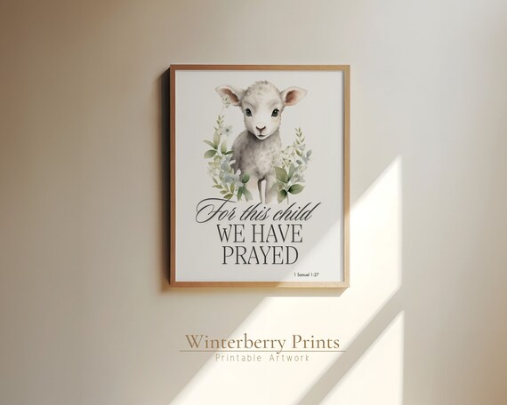 For This Child We Have Prayed Lamb Watercolor Nursery Bible Verse Art Print