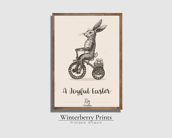 A Joyful Easter Bunny Riding Tricycle Vintage Sketch Easter Wall Art Poster