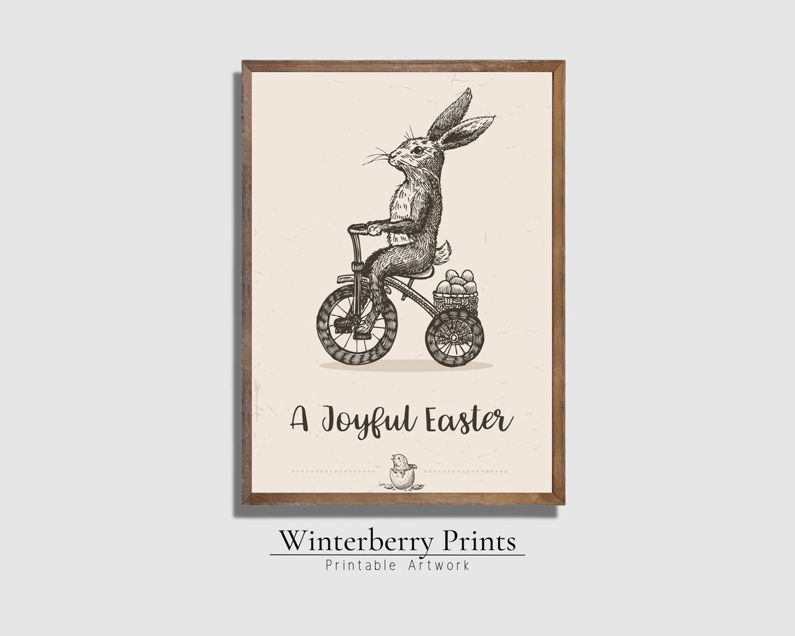 A Joyful Easter Bunny Riding Tricycle Vintage Sketch Easter Wall Art Poster