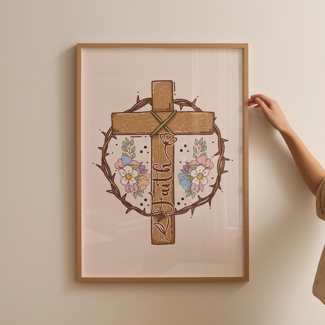 Faith Wooden Cross Crown Of Thorns Floral Christian Quote Poster - Image 4