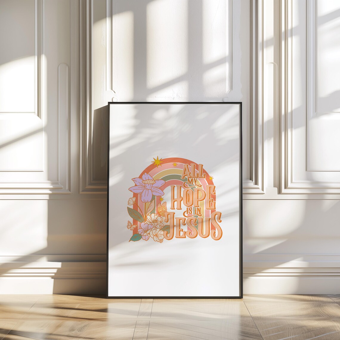 All My Hope Is In Jesus Retro Rainbow Arch Floral Quote Poster - Image 2