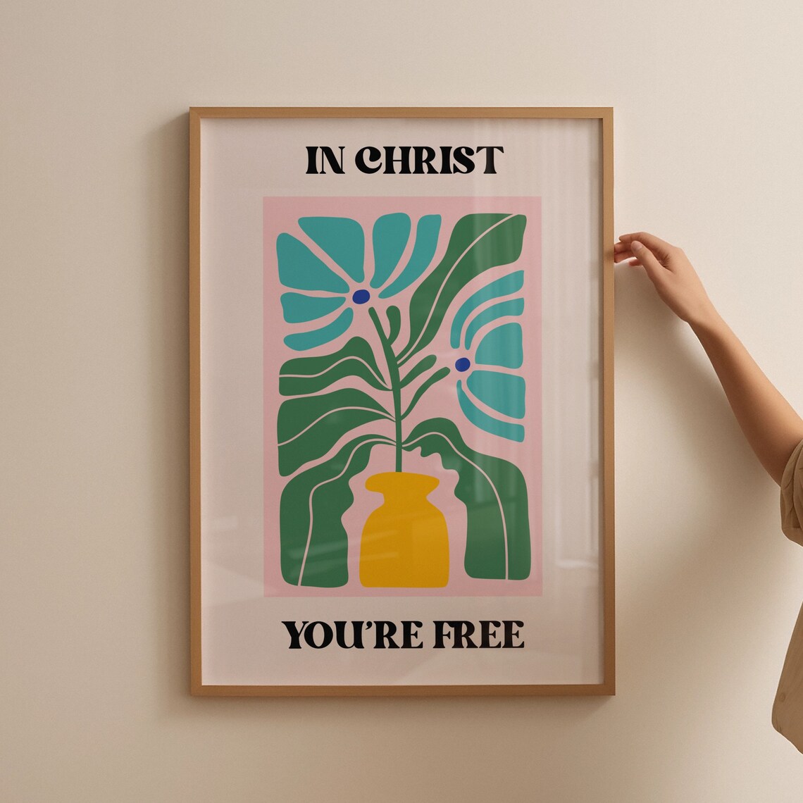 Matisse Style Pink Teal In Christ You Are Free Floral Art Poster - Image 4