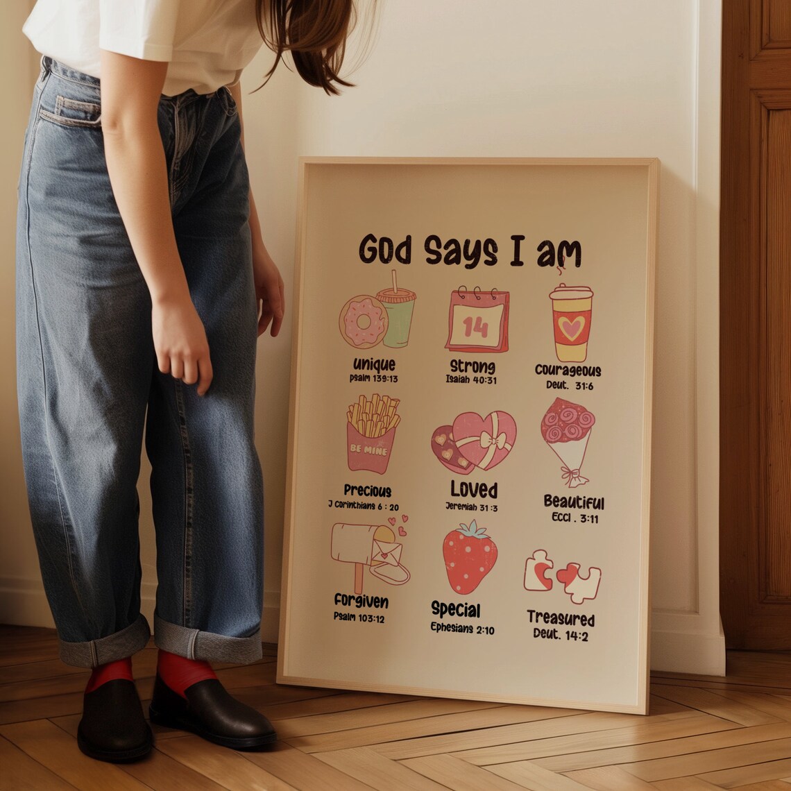 God Says I Am Cute Affirmation Scripture Kawaii Quote Poster - Image 3