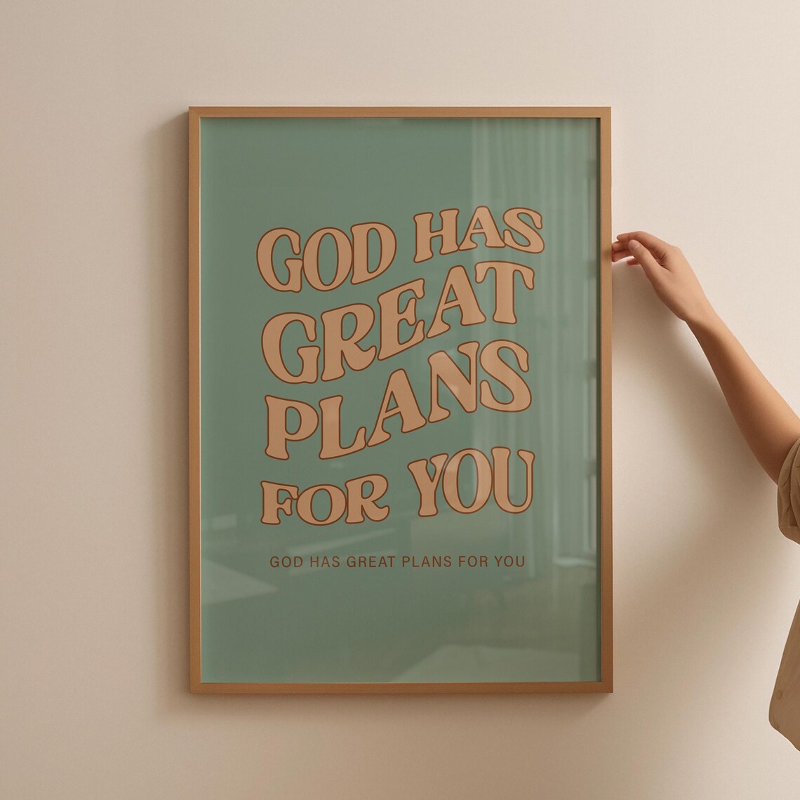 God Has Great Plans For You Retro Wavy Type Sage Green Poster - Image 4