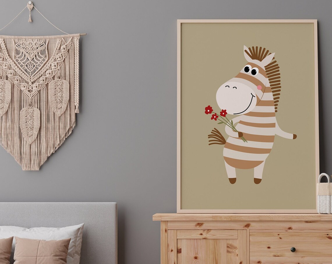 Cute Smiling Zebra Holding Flowers Nursery Baby Room Wall Poster - Image 2
