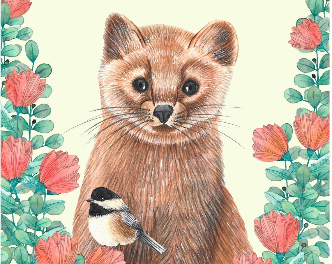 Cute Otter Chickadee Bird Red Floral Garden Animal Art Poster