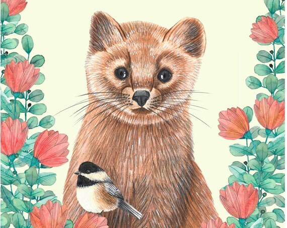 Cute Otter Chickadee Bird Red Floral Garden Animal Art Poster