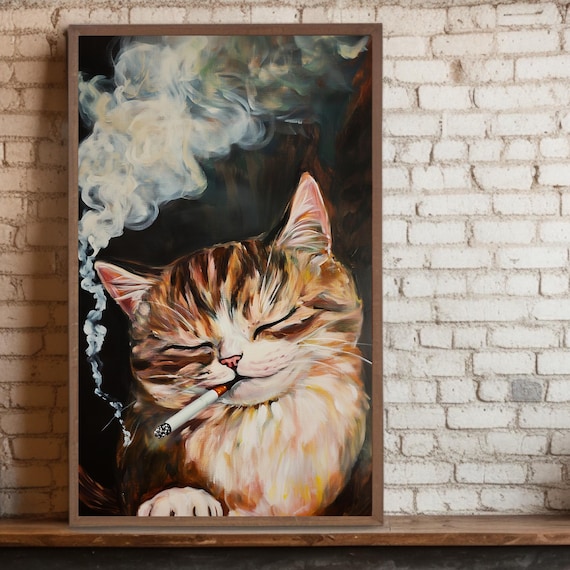 Smoking Cat Funny Animal Painting Vintage Bar Decor Night Poster