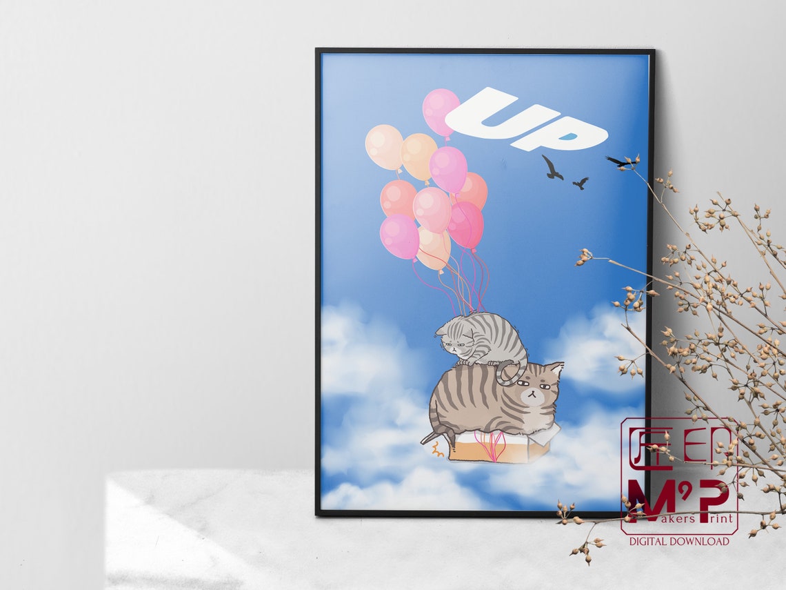 Up Balloon Adventure With Two Grumpy Cats Floating Sky Parody Poster