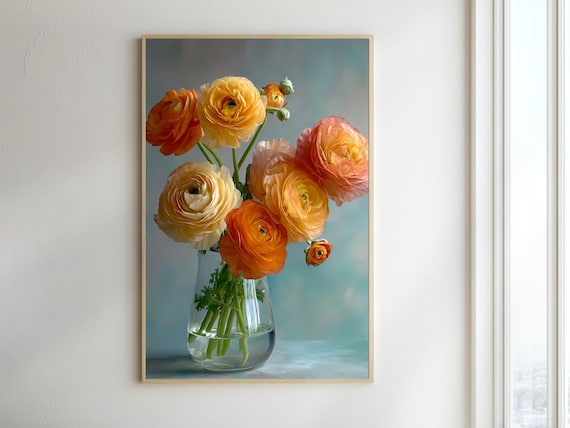 Vibrant Orange Ranunculus Blooms in a Glass Vase Still Life Poster