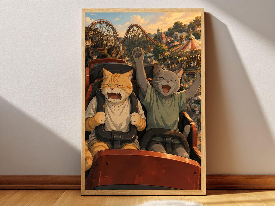 Rollercoaster Ride Cats Sunset Amusement Park Thrill Anime Poster