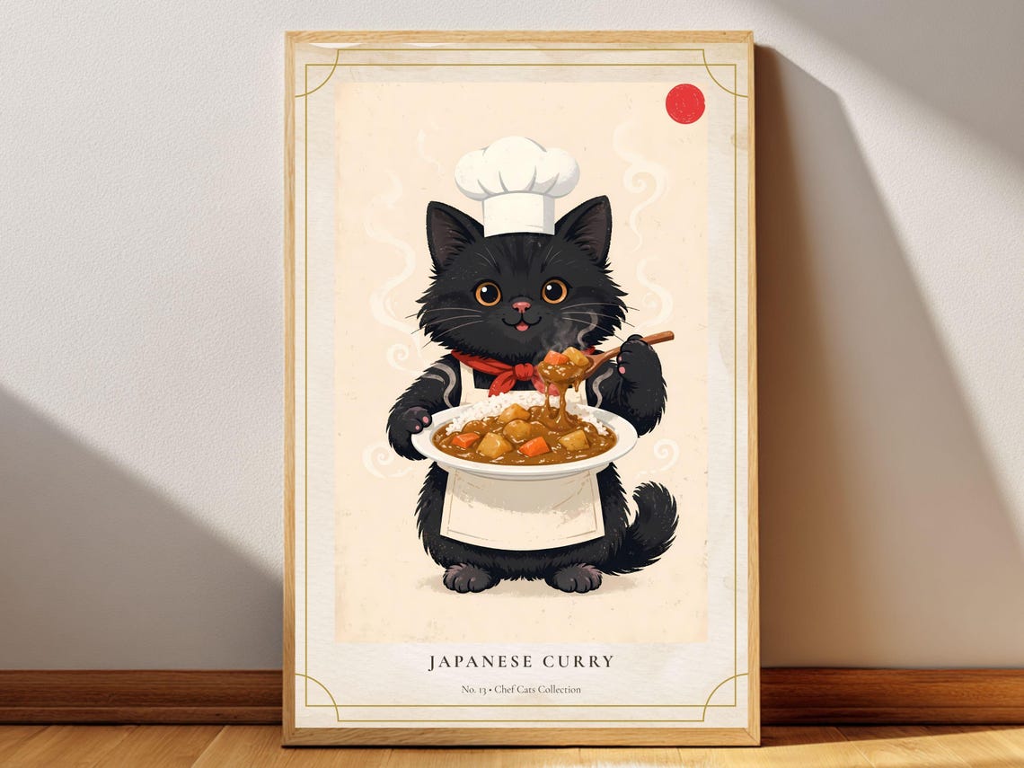 Japanese Curry Cat Poster Printable Wall Art Digital Download