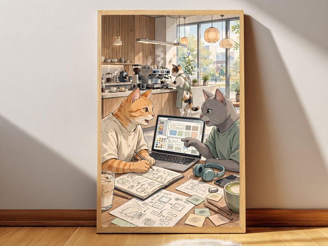 Morning Cafe Cat Poster Printable Wall Art Digital Download